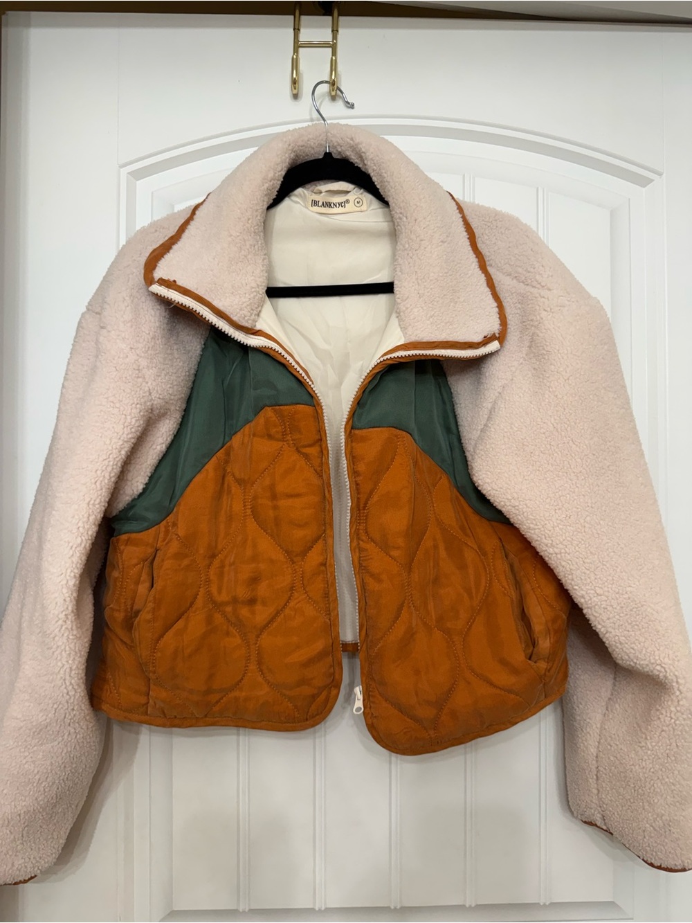 Blank NYC Sherpa Jacket with Orange & Green Quilted Front